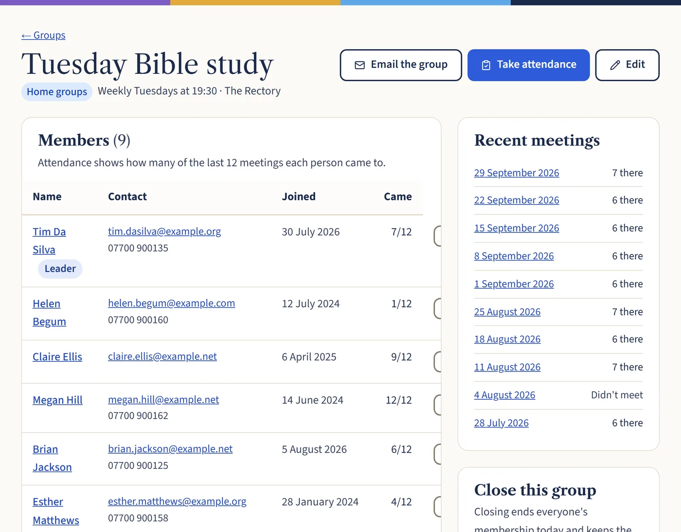 The Tuesday Bible study group page, listing nine members with their contact details and how many of the last 12 meetings each came to, beside a list of recent meetings.