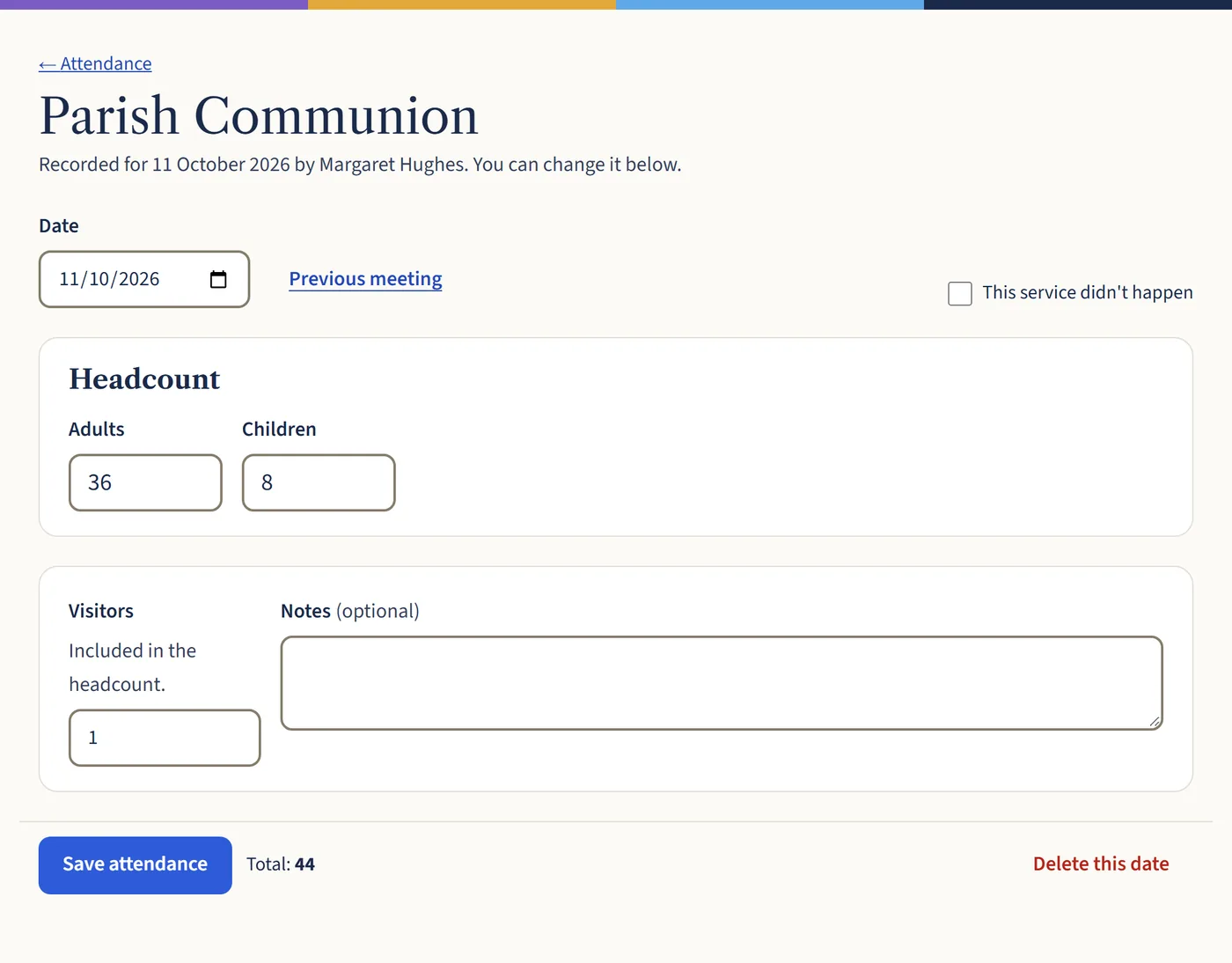 The register for Parish Communion on 11 October 2026, with boxes for 36 adults, 8 children and 1 visitor, and space for notes.