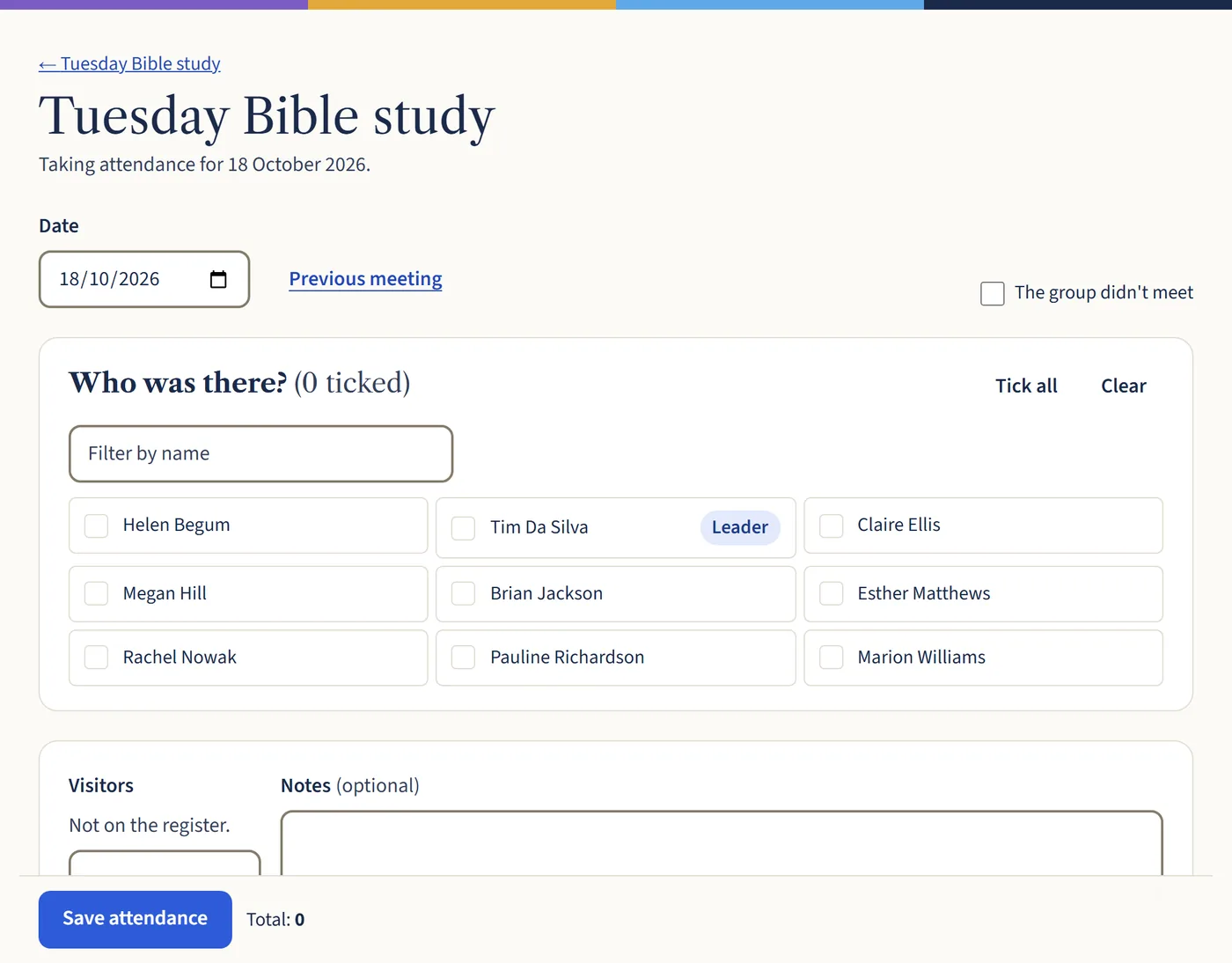 The register for the Tuesday Bible study, with a box to tick for each of the nine members and buttons to tick all or clear.