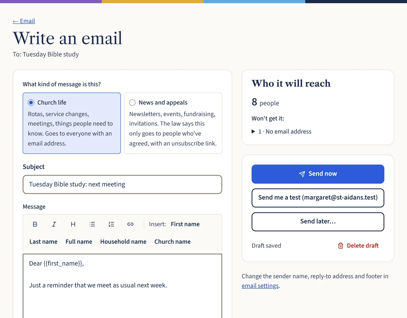 Writing an email to the Tuesday Bible study, choosing between Church life and News and appeals. A box shows it will reach 8 people and that 1 has no email address.
