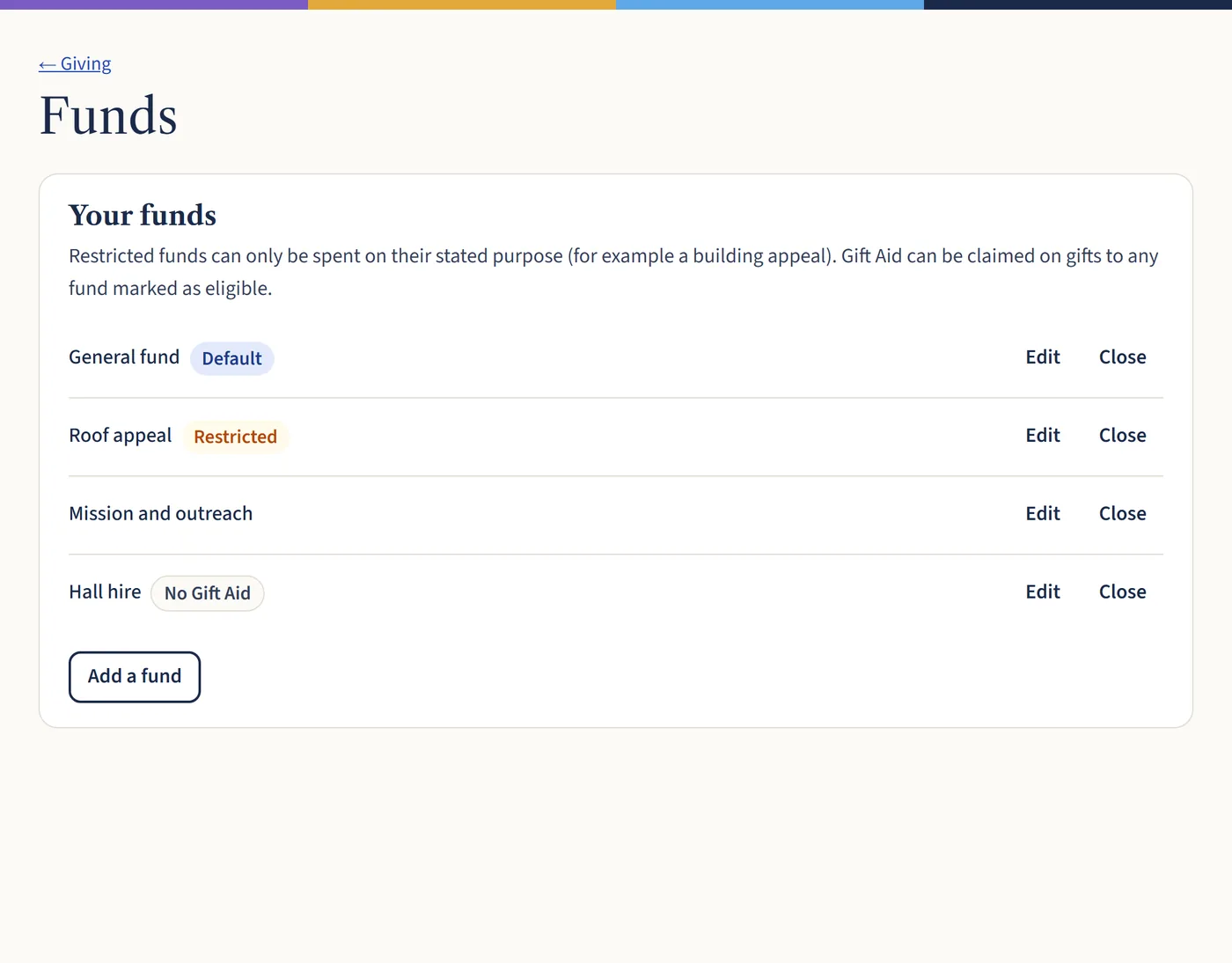 The Funds page with a general fund marked as default, a roof appeal marked as restricted, mission and outreach, and hall hire marked as no Gift Aid.