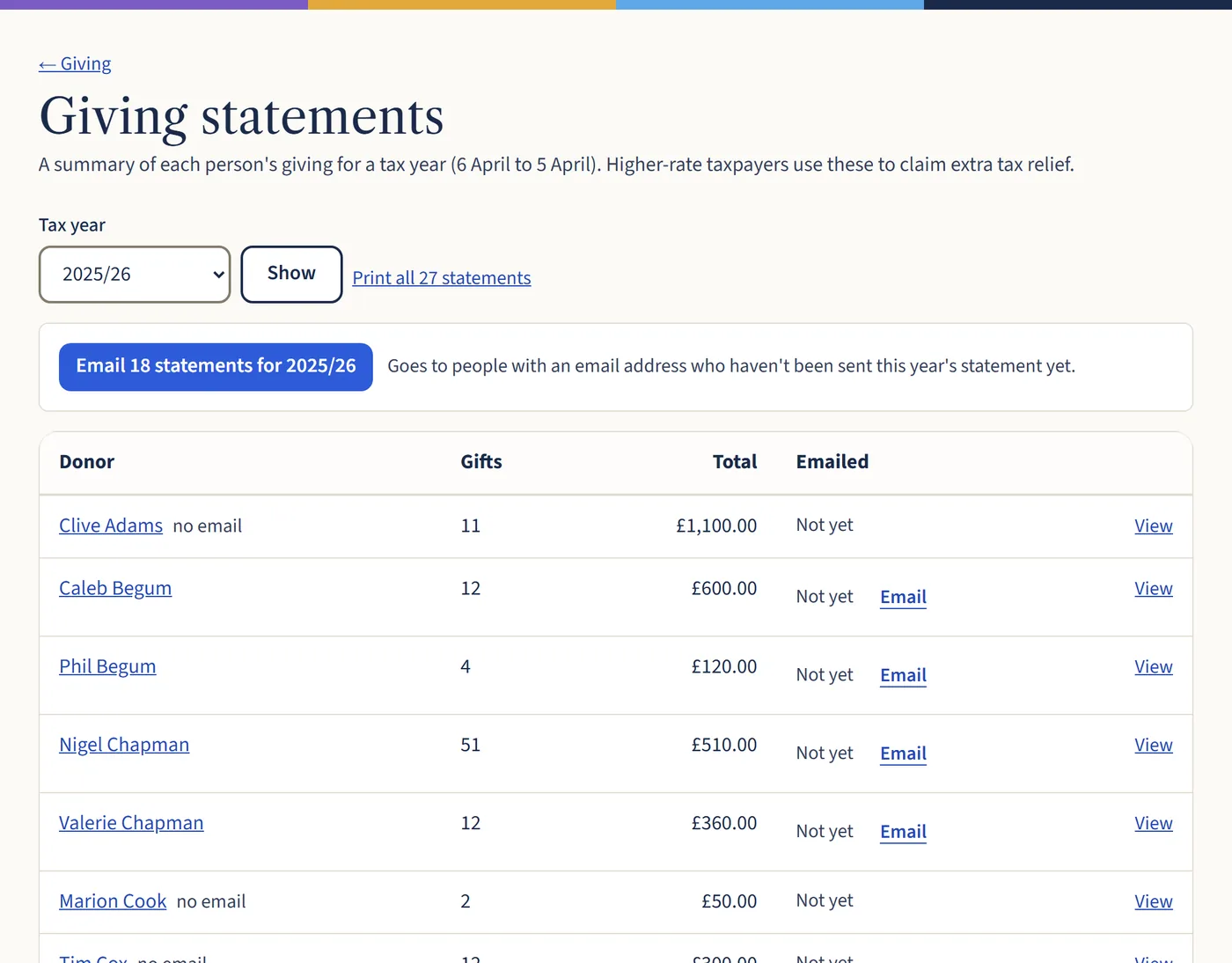 The Giving statements page for the 2025/26 tax year, with a button to email 18 statements and a list of givers showing their number of gifts, total and whether it’s been emailed.