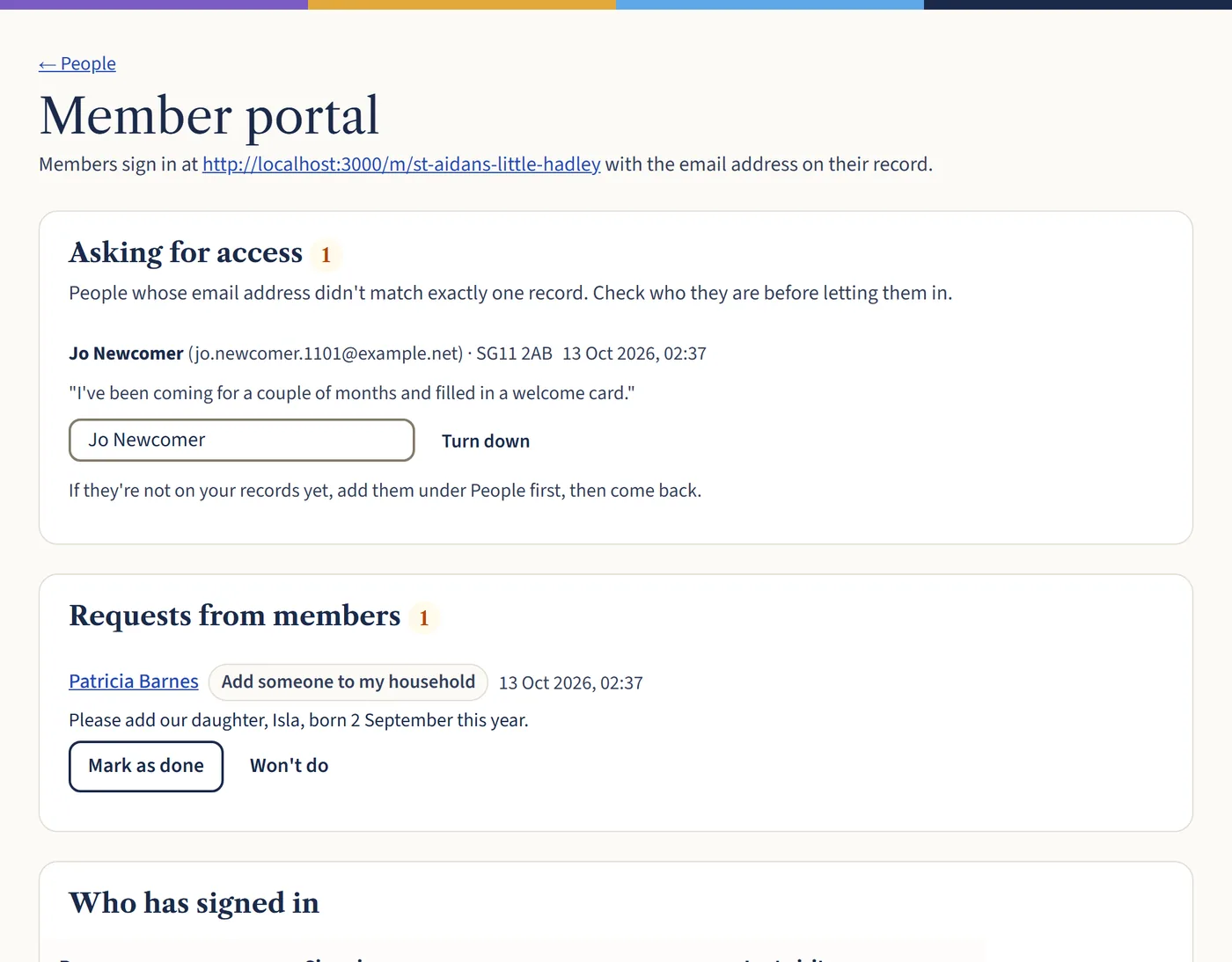 The Member portal page for the church office, with one person asking for access and one request from a member to add someone to their household.