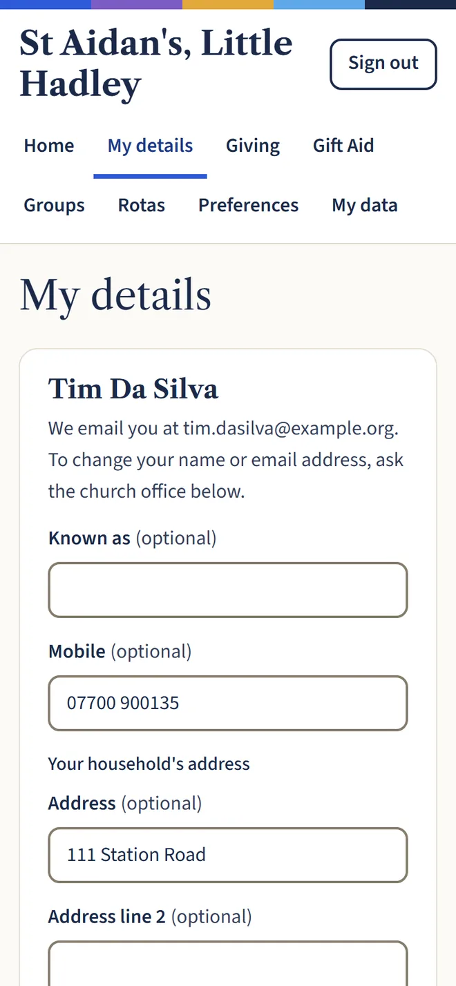 A phone showing My details for Tim Da Silva, with boxes for known as, mobile and address.