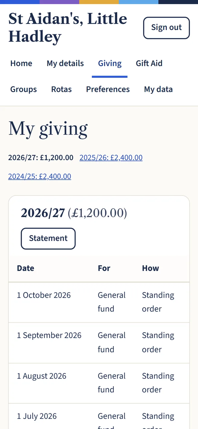 A phone showing My giving with yearly totals, a Statement button and a list of gifts with their date, fund and method.