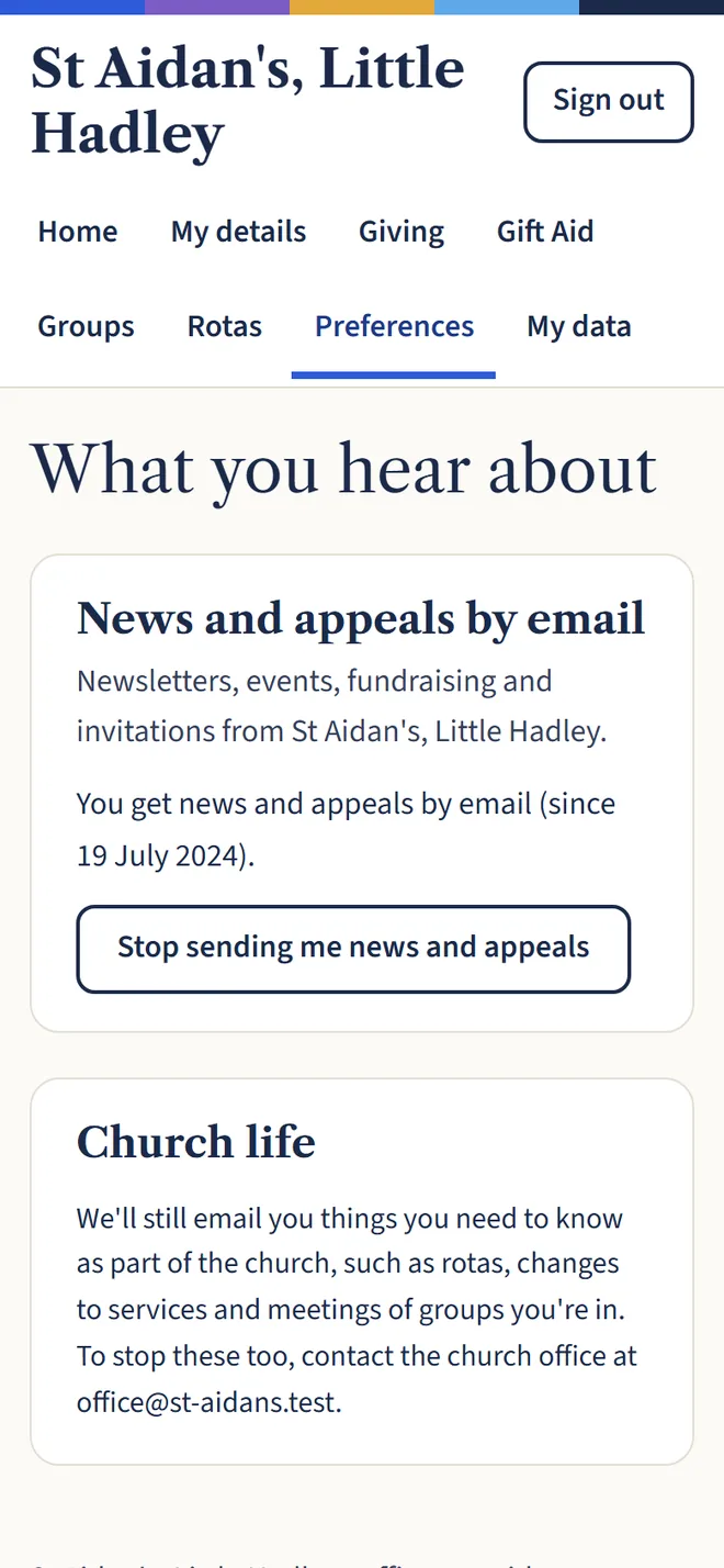 A phone showing What you hear about, saying the member gets news and appeals by email since 19 July 2024, with a button to stop.