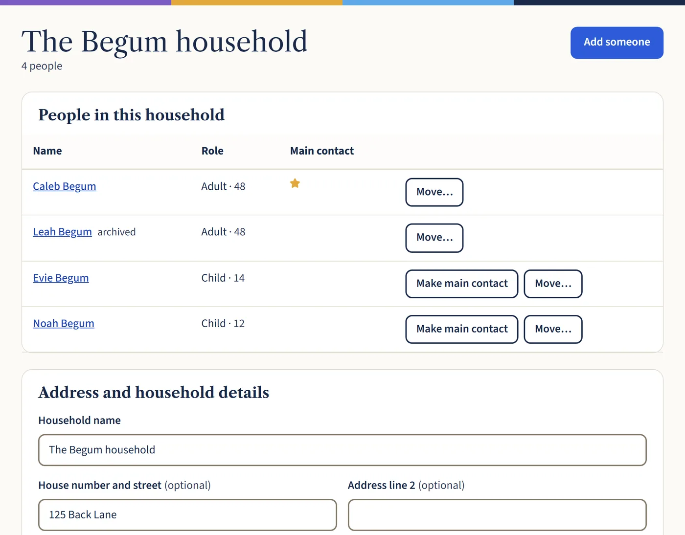 The Begum household page, listing four people with their role and age, a star for the main contact and buttons to move someone or change the main contact.