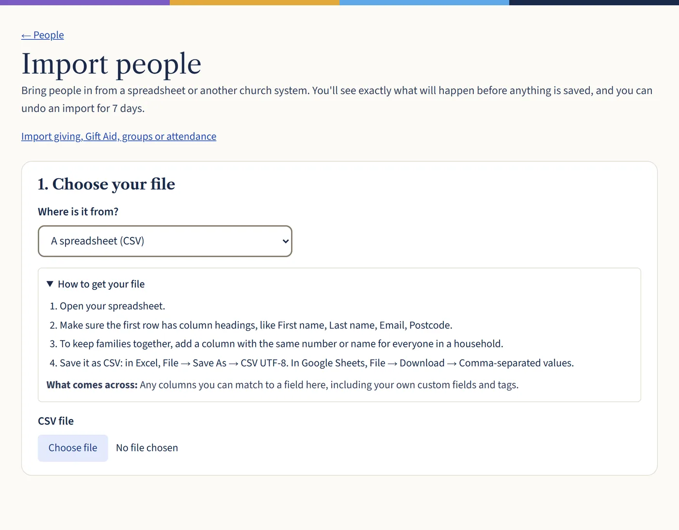 The Import people page. It asks where the file is from, with steps for getting a CSV file out of a spreadsheet and a note that imports can be undone for 7 days.