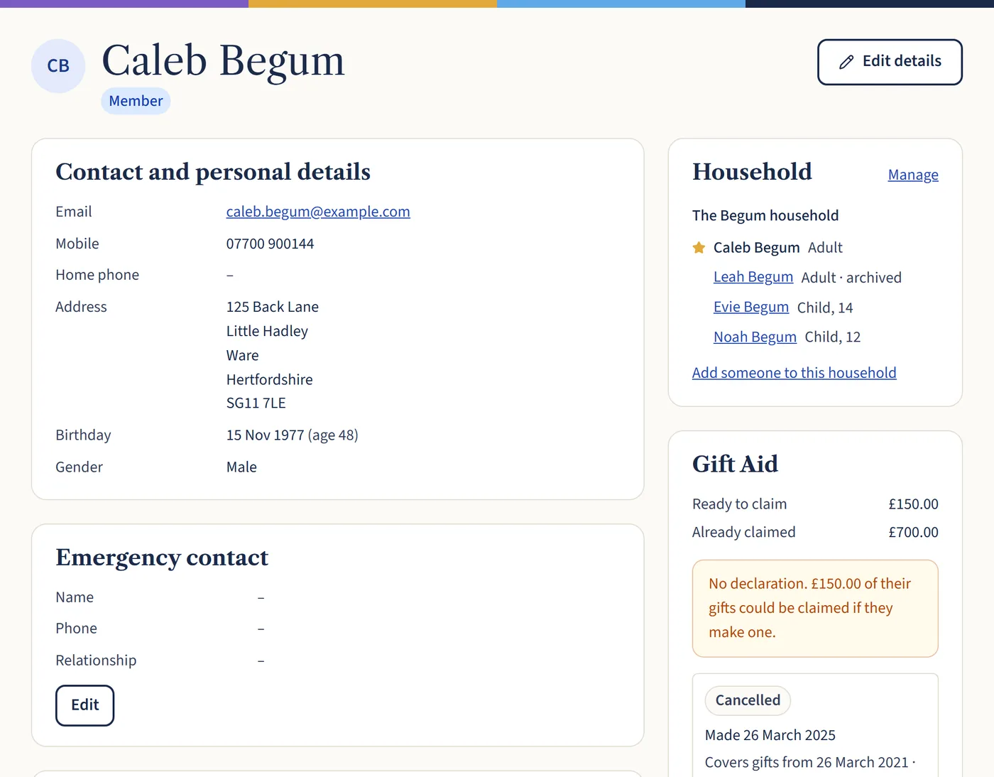 Caleb Begum’s record. It shows his contact details, address and birthday, his household of four, and a Gift Aid box saying £150.00 is ready to claim.