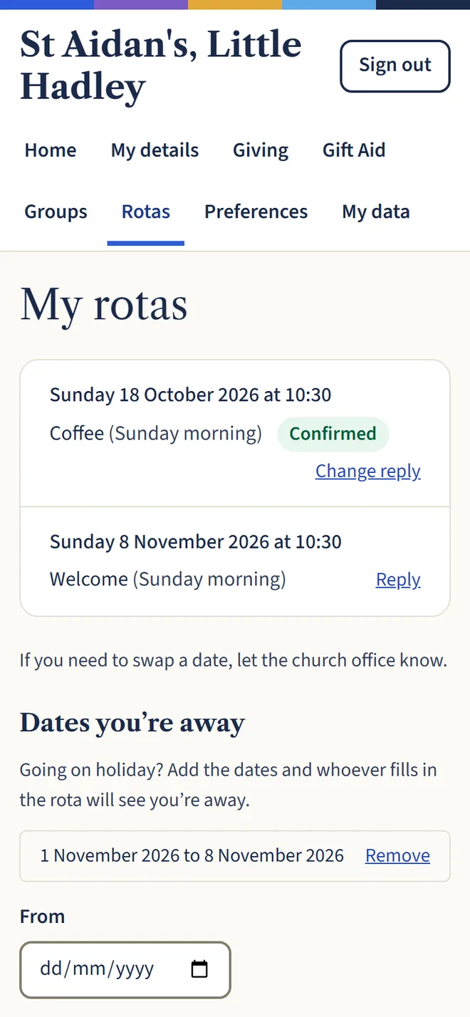 A phone showing a member’s rotas: Coffee on 18 October marked confirmed, Welcome on 8 November, and an away date from 1 to 8 November.