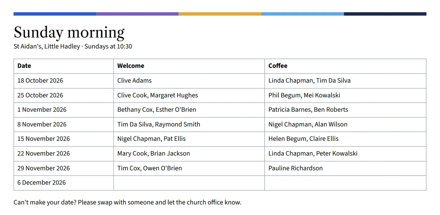 A printed Sunday morning rota: a table of dates with the people on welcome and coffee each week.