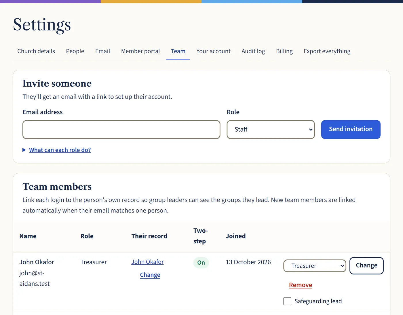 The Team settings page, with a Safeguarding lead tick box next to a team member.