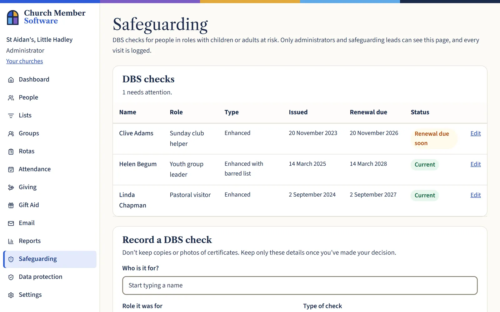 The Safeguarding page, listing three DBS checks with each person’s role, type of check, issue date, renewal date and status, one marked Renewal due soon.