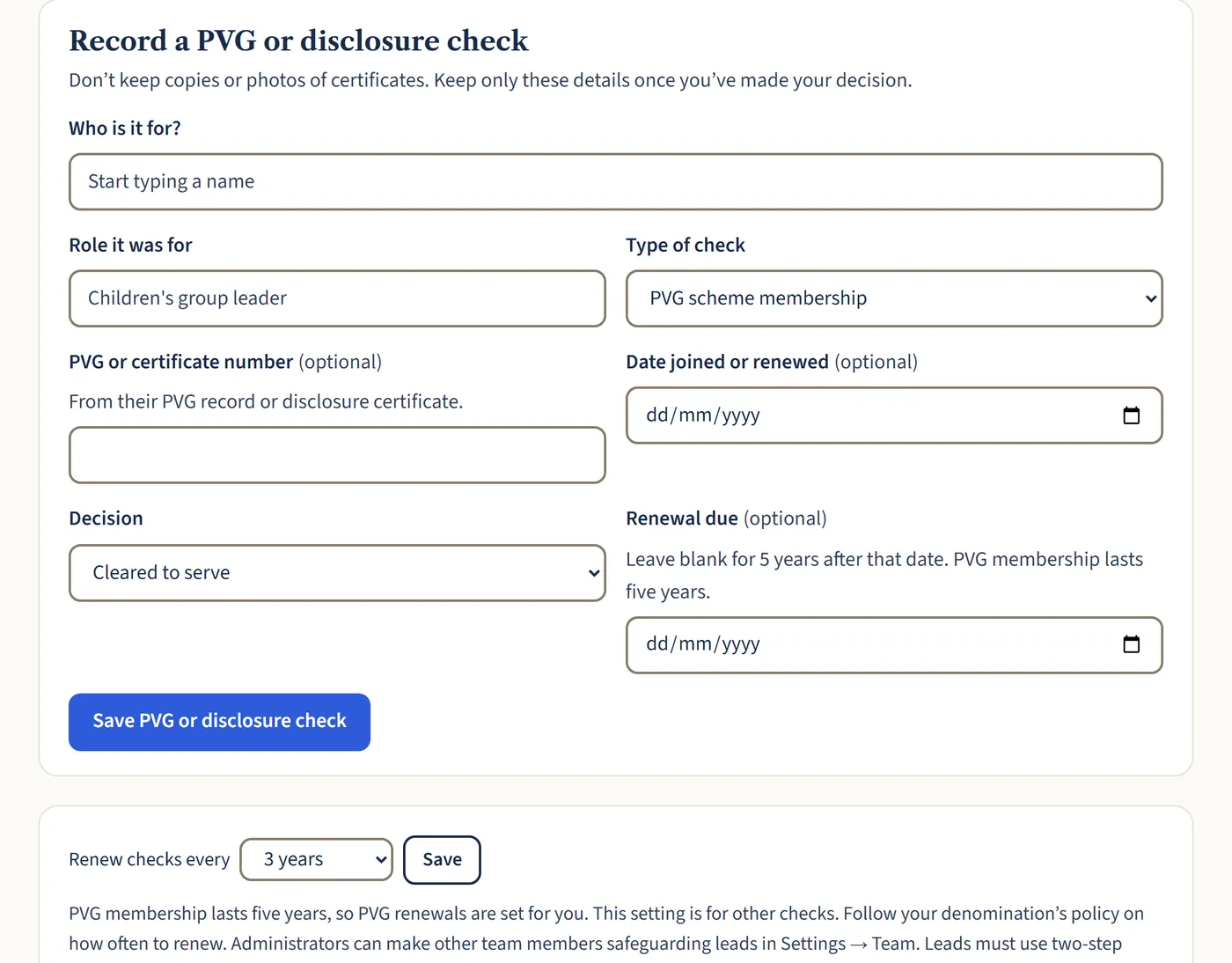 The form to record a PVG or disclosure check, with PVG scheme membership chosen, a date joined or renewed, and a note that PVG renewals are set five years ahead.