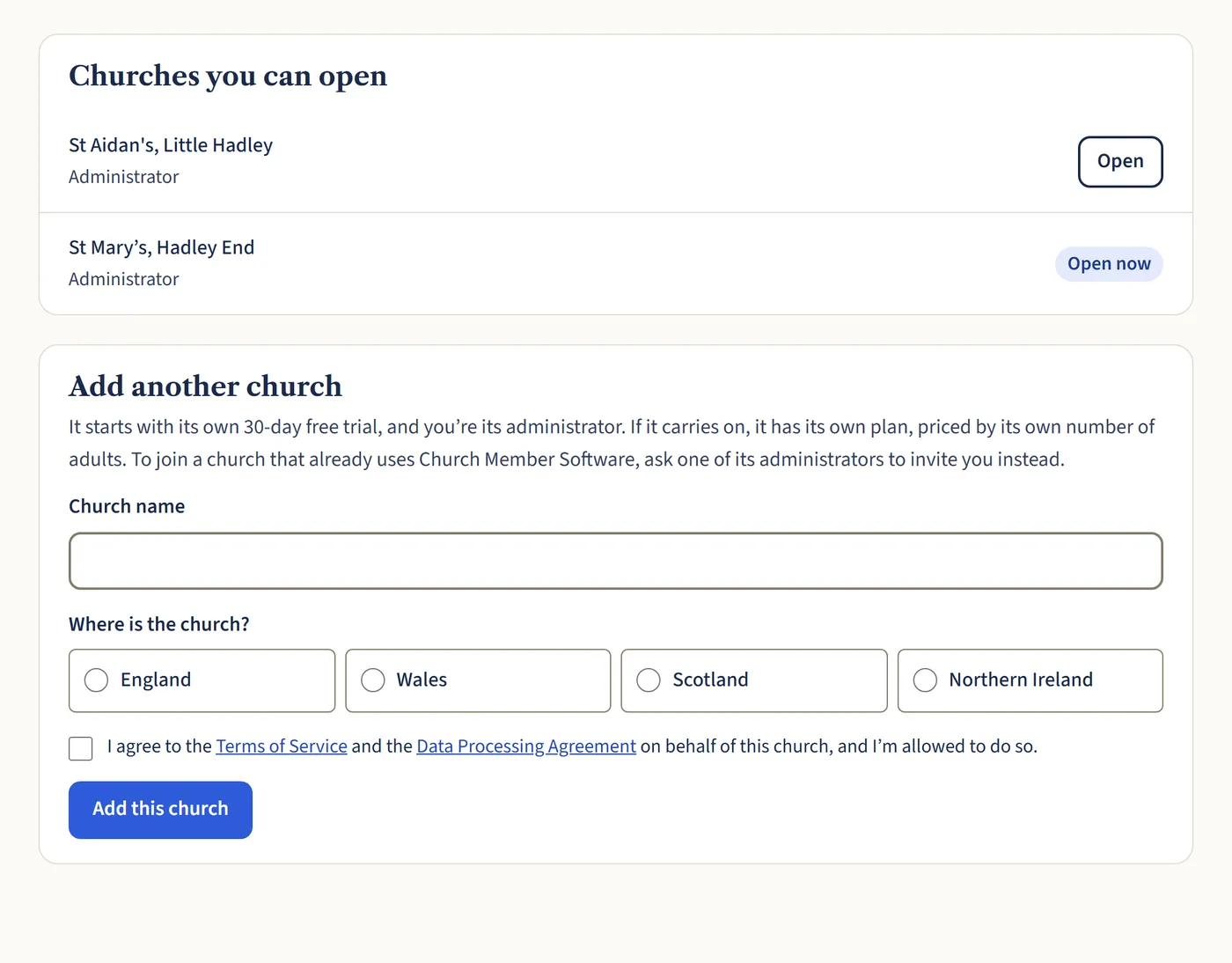 The Add another church form, with boxes for the church name, where it is (England, Wales, Scotland or Northern Ireland) and the terms tick box.