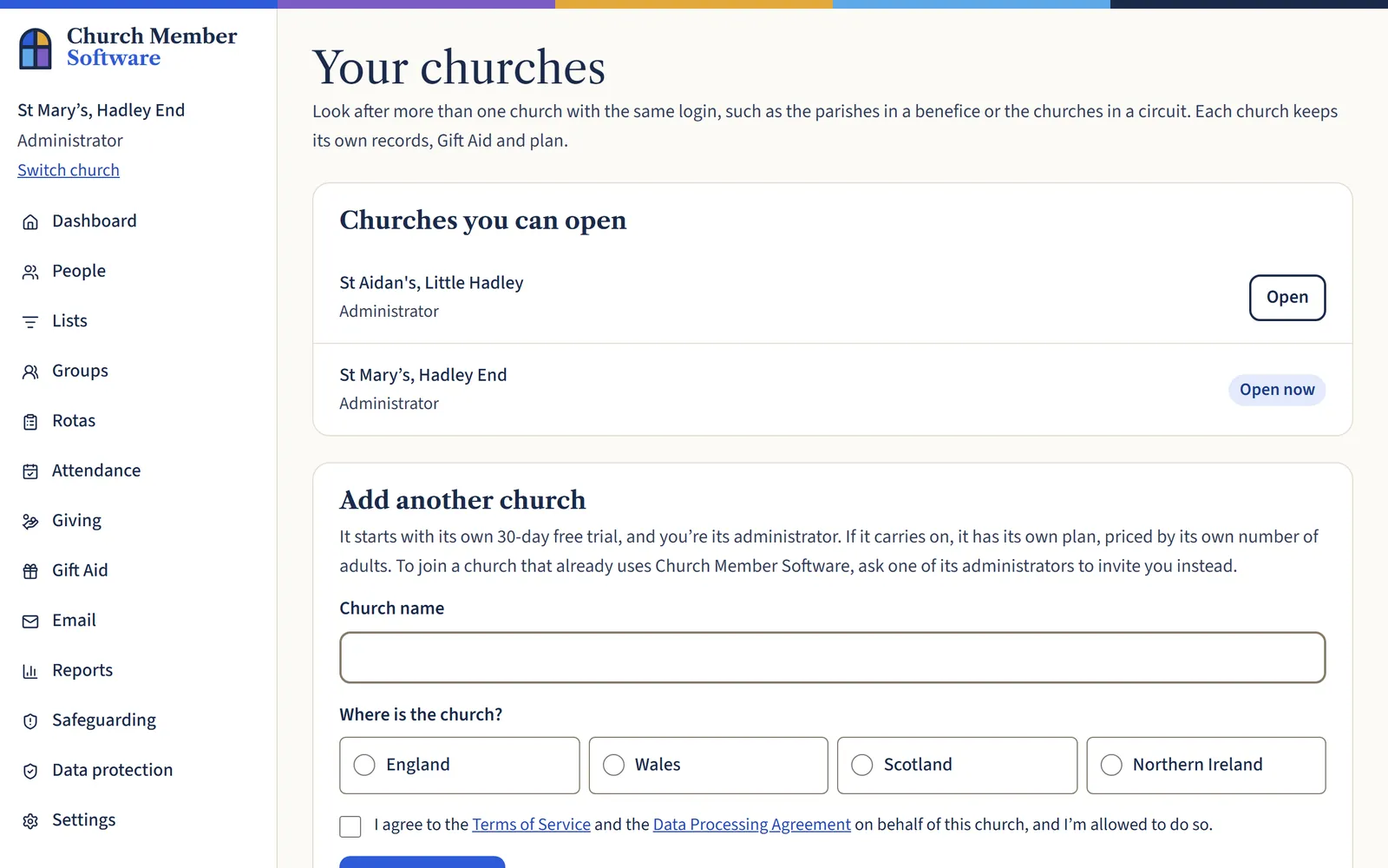 The Your churches page, listing St Aidan’s, Little Hadley with an Open button and St Mary’s, Hadley End marked Open now, above a form to add another church.