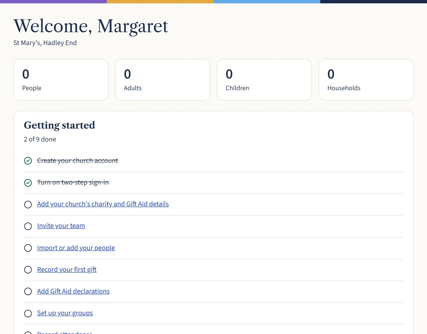The dashboard for St Mary’s, Hadley End, a newly added church, with no people yet and a Getting started checklist.