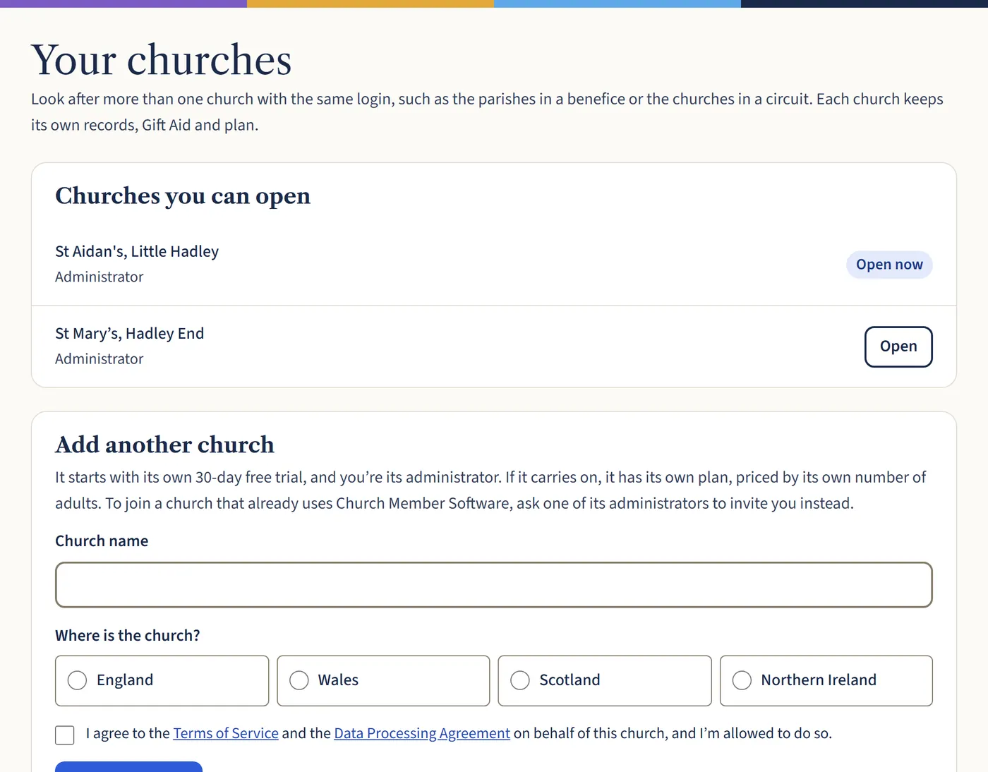 The Your churches page, listing St Aidan’s, Little Hadley marked Open now and St Mary’s, Hadley End with an Open button, above a form to add another church.