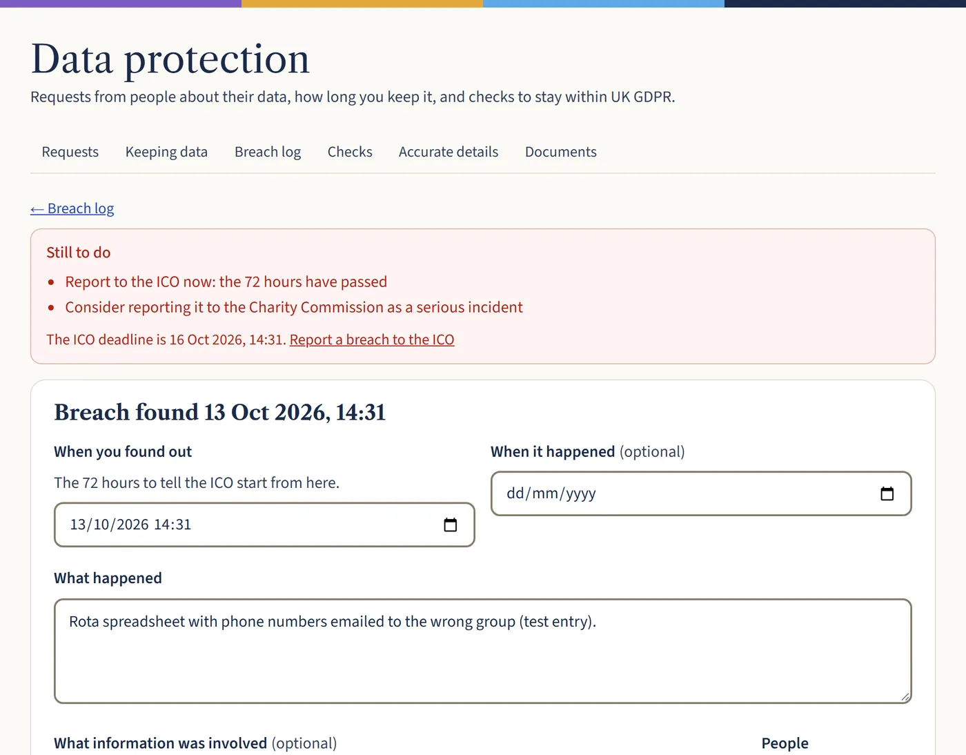 A breach record with a red Still to do box saying Report to the ICO now: the 72 hours have passed, the ICO deadline and a link to report to the ICO.
