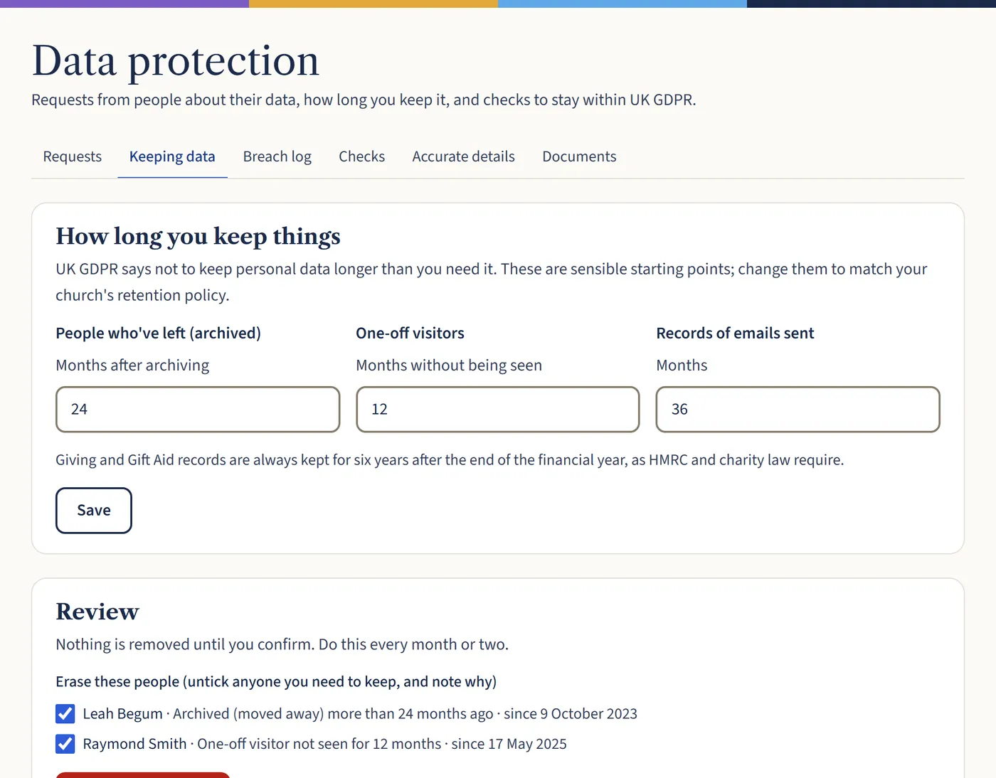 The Keeping data tab, with months to keep people who’ve left, one-off visitors and records of emails sent, and a Review section listing people due to be removed.