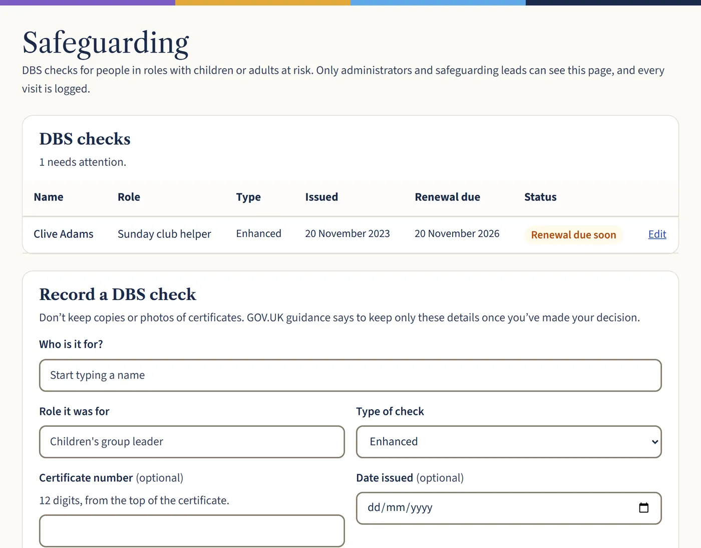 The Safeguarding page, listing a DBS check due for renewal soon, and a Record a DBS check form below.