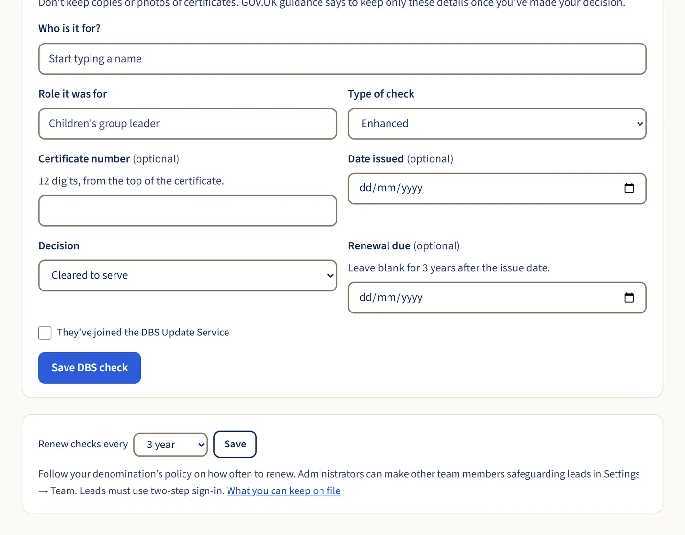 The rest of the DBS form, with certificate number, date issued, decision, renewal due and an Update Service tick box, and a Renew checks every setting.