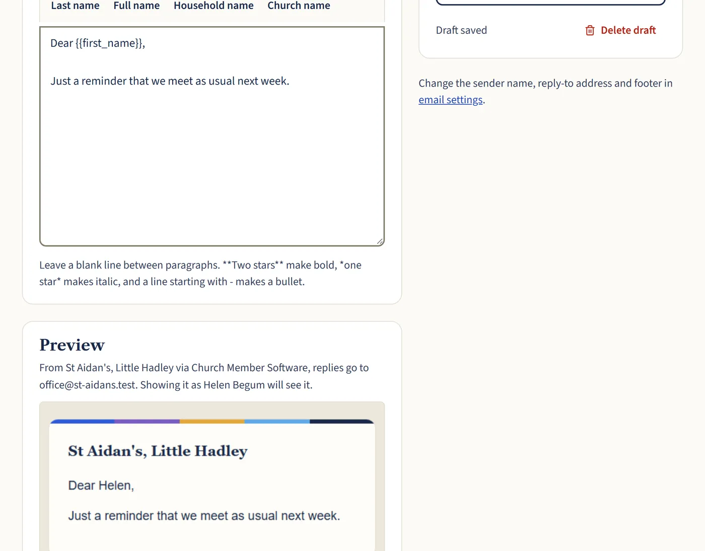 The message box with a reminder of how to format text, and a preview of the email as it will look, with the church’s name at the top.