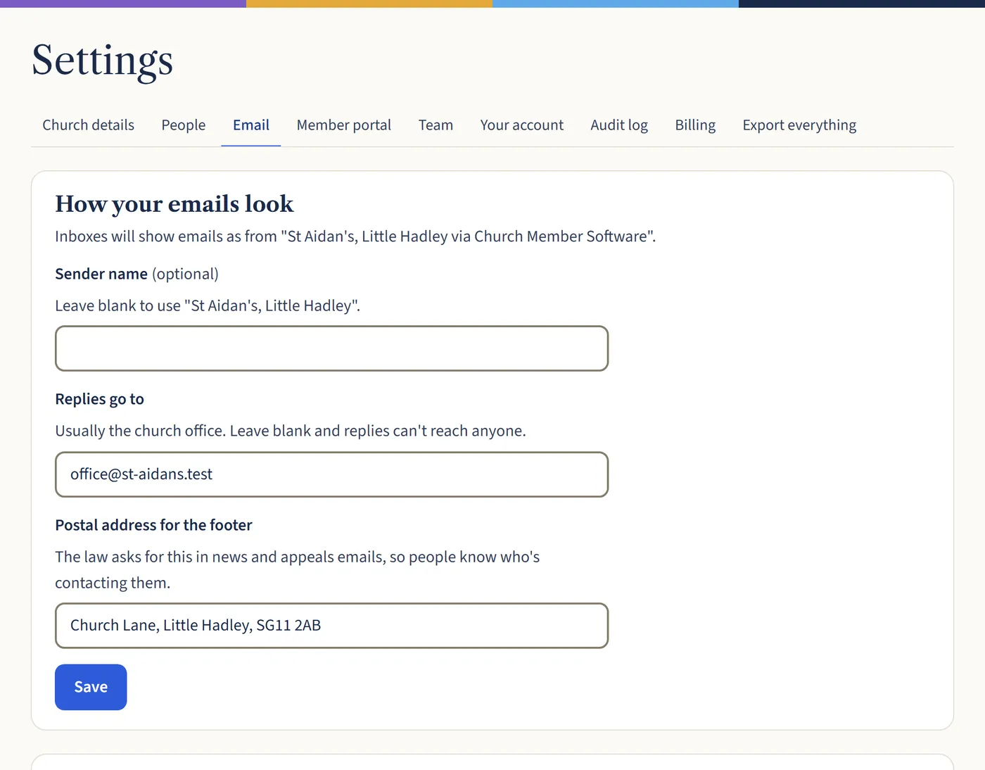 The Email tab in Settings, with boxes for the sender name, where replies go and the postal address for the footer, and a Save button.