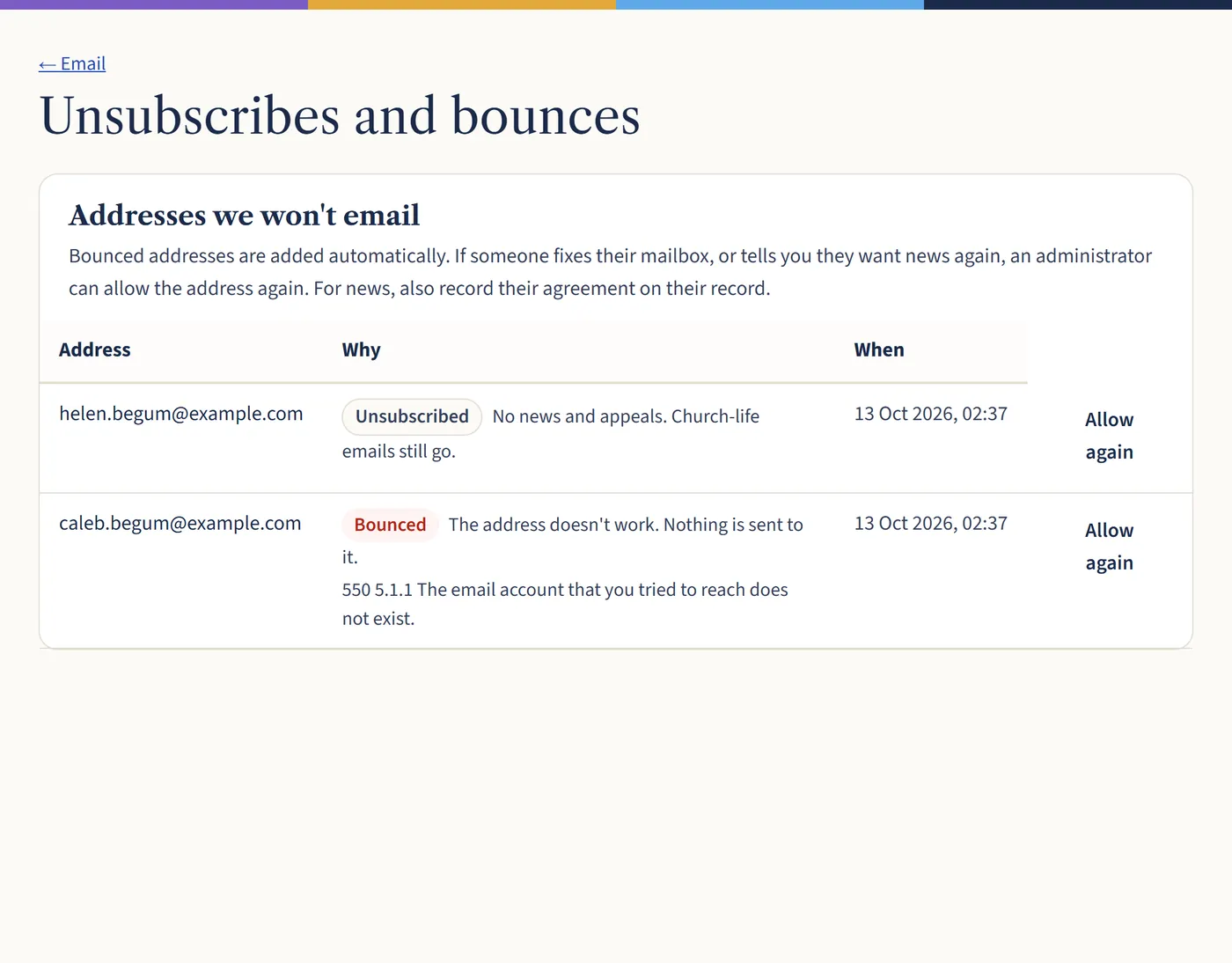 The Unsubscribes and bounces page, listing one address that unsubscribed from news and appeals and one that bounced because the mailbox doesn’t exist, each with an Allow again link.