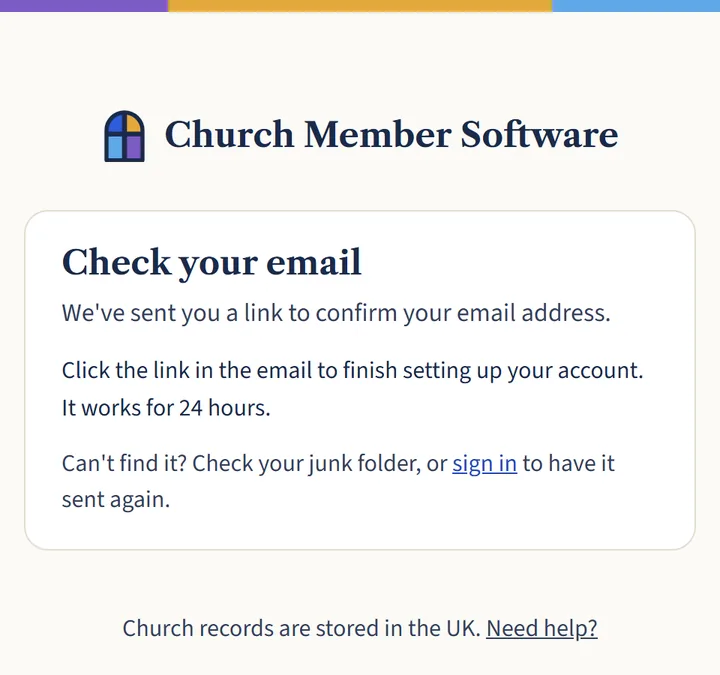 A page saying “Check your email”, explaining that a link has been sent and works for 24 hours.