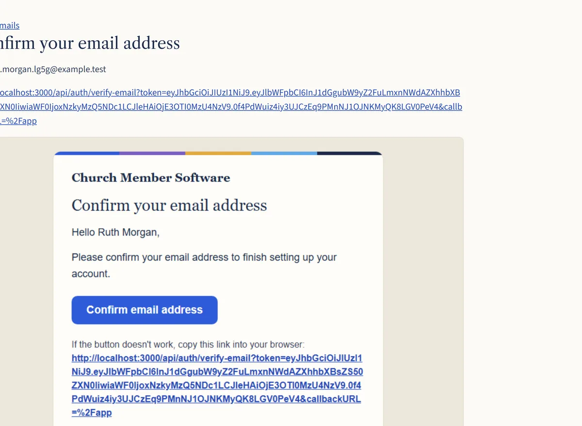 The confirmation email from Church Member Software, saying “Hello Ruth Morgan, please confirm your email address”, with a Confirm your email address button.