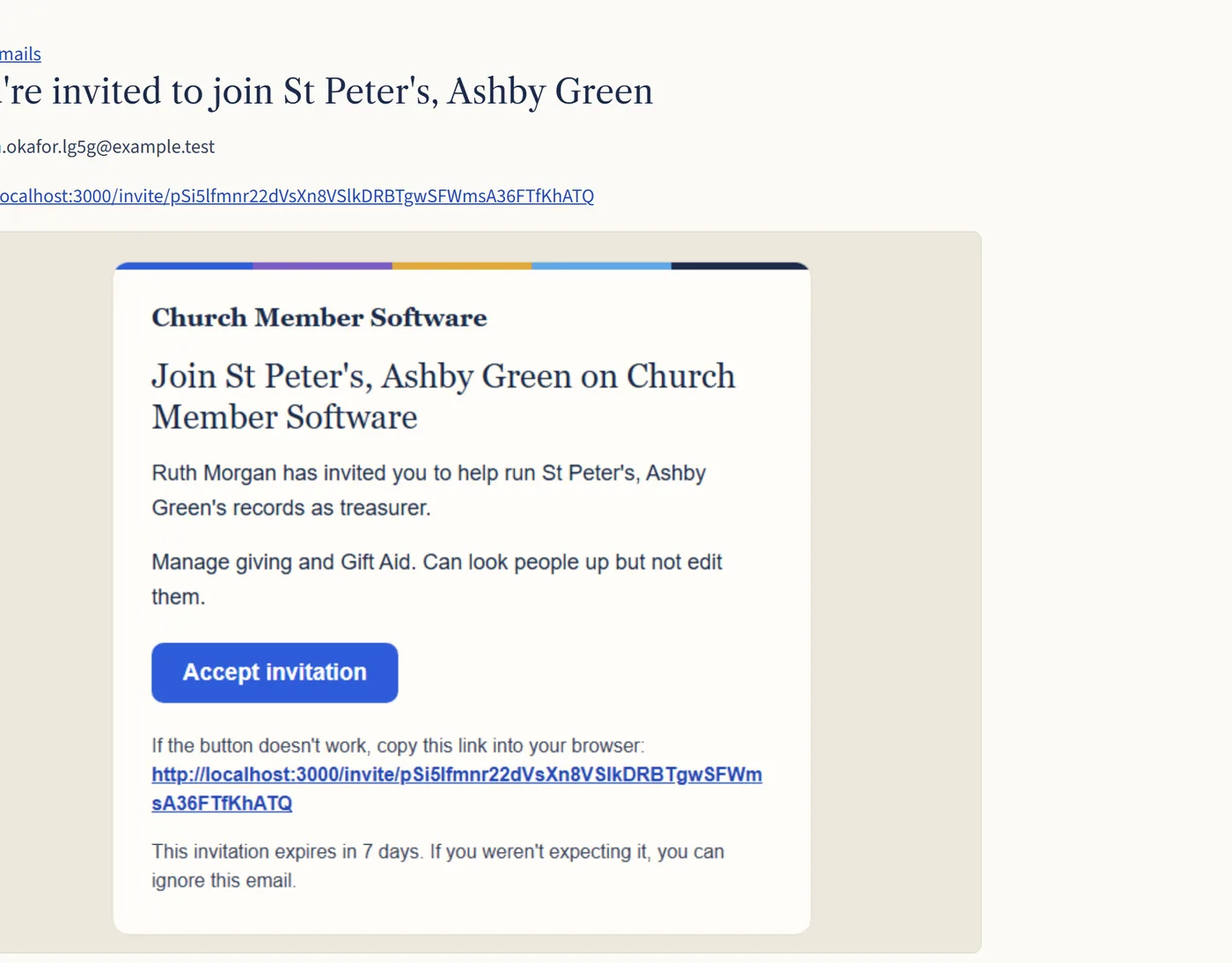 The invitation email, saying “Join St Peter’s, Ashby Green on Church Member Software”, explaining the treasurer role, with an Accept invitation button.