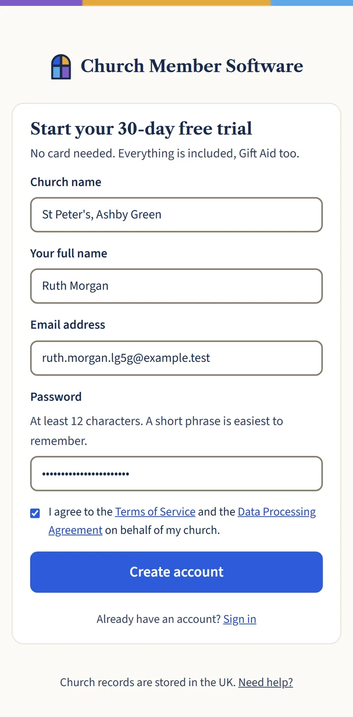 The sign-up form, with boxes for church name, your full name, email address and password, a tick box for the terms and a Create account button.