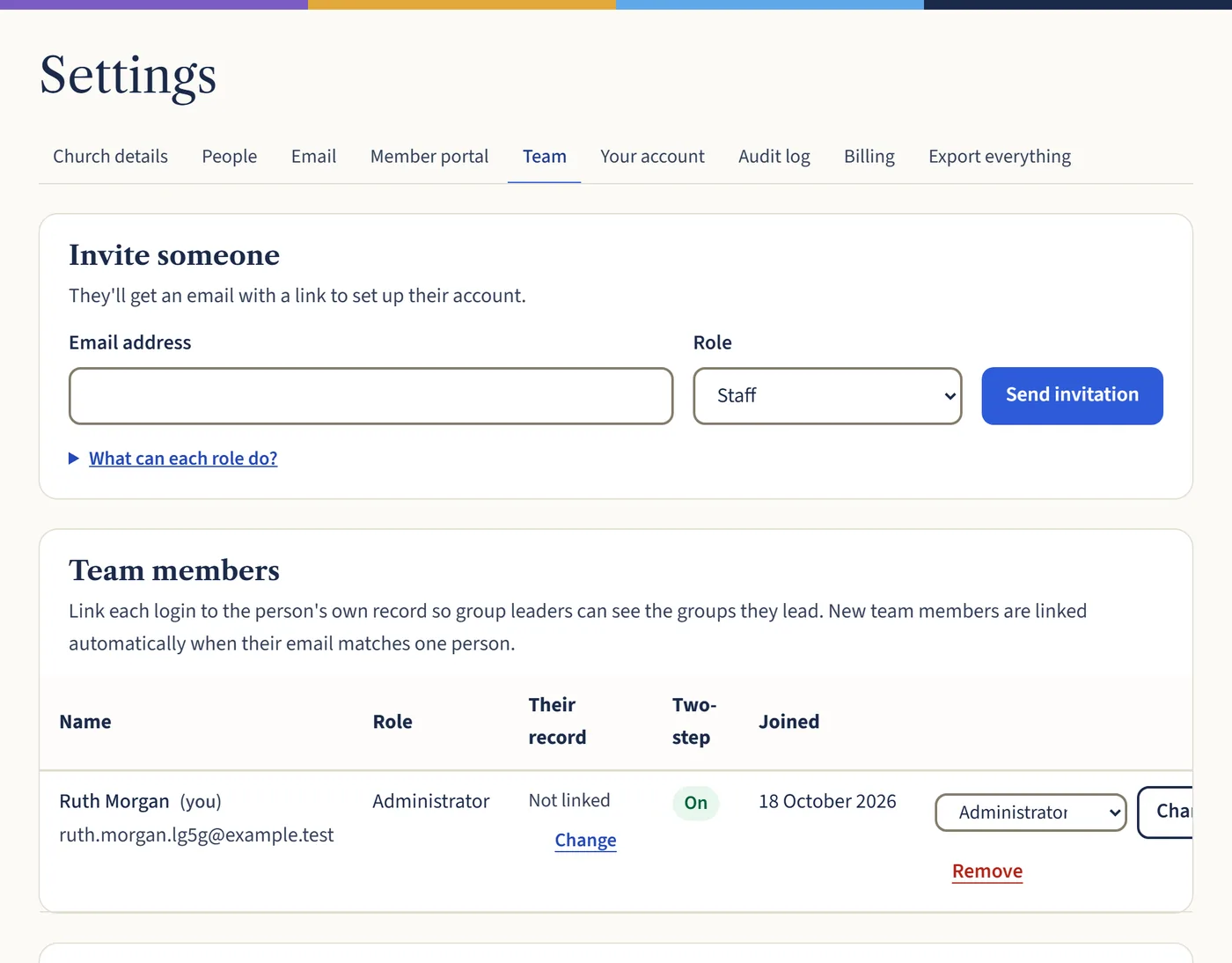 The Team tab in Settings, with an Invite someone box asking for an email address and role, and a list of team members.