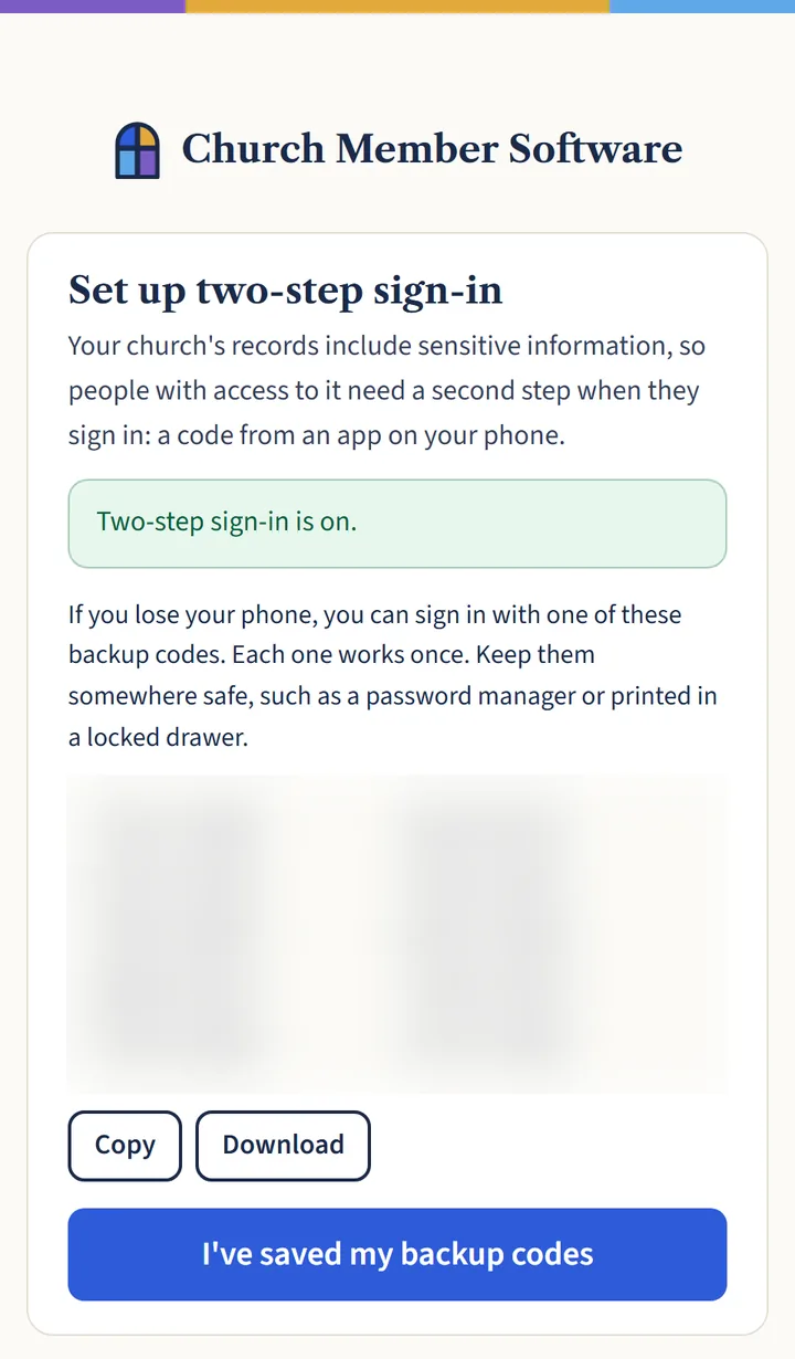 A message saying two-step sign-in is on, with ten backup codes (blurred here), Copy and Download buttons and an I’ve saved my backup codes button.