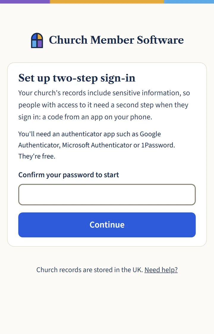 The Set up two-step sign-in page, explaining why it’s needed, with a box to confirm your password and a Continue button.