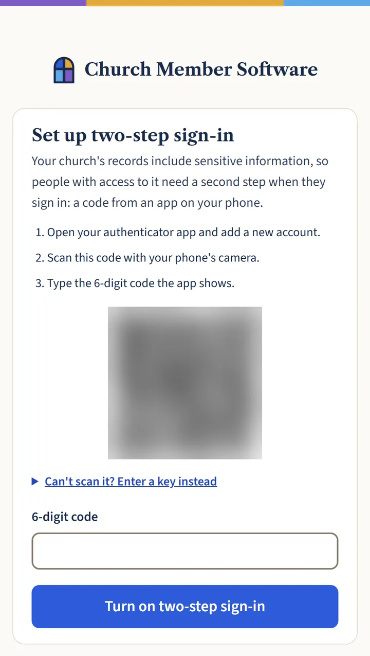 The next step, with three short instructions, a square code to scan (blurred here), a box for the 6-digit code and a Turn on two-step sign-in button.