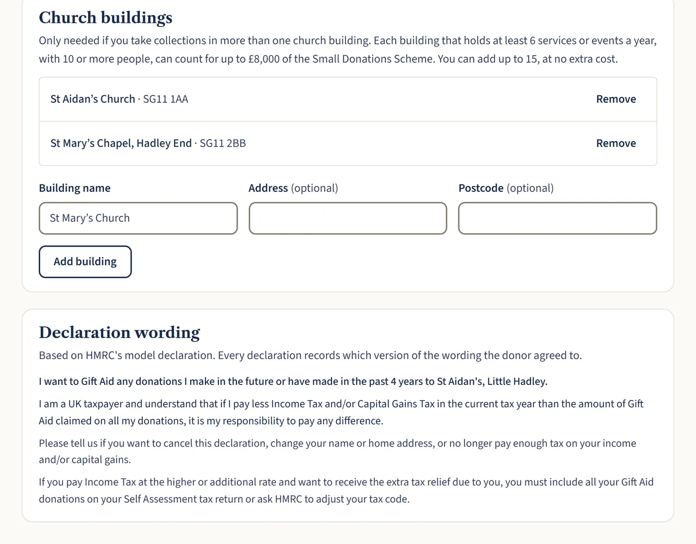The Church buildings box in Gift Aid settings, listing St Aidan’s Church and St Mary’s Chapel with their postcodes, and a form to add another building.