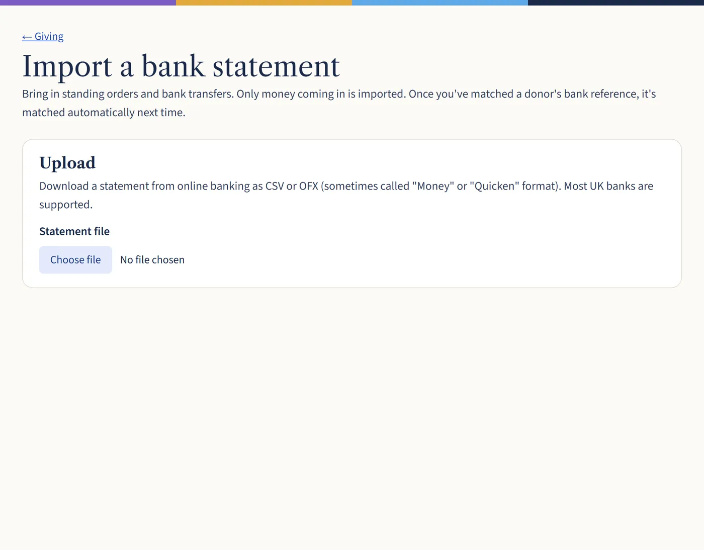 The Import a bank statement page, explaining that only money coming in is imported, with a Choose file button.