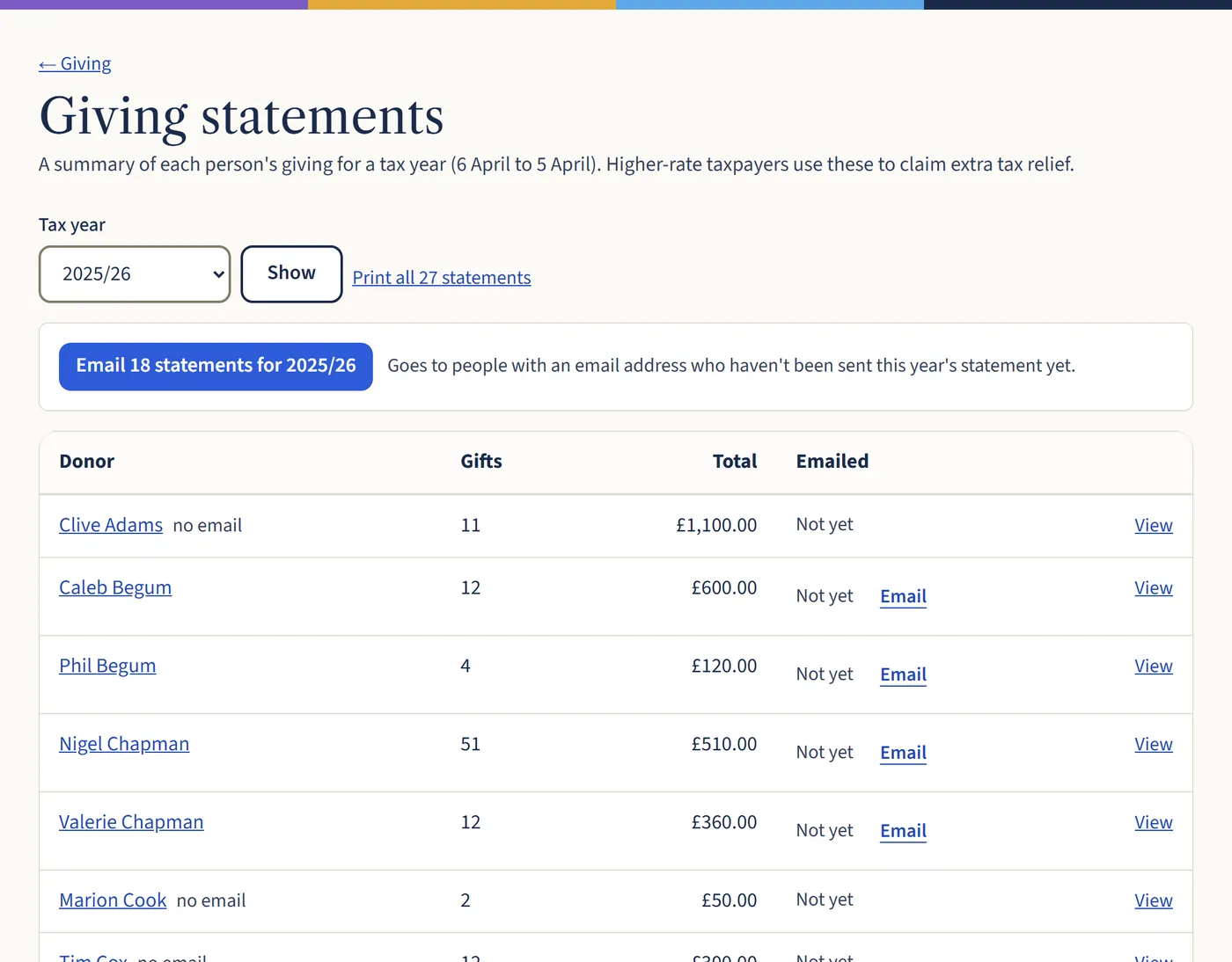 The Giving statements page for 2025/26, with a button to email 18 statements, a link to print all 27, and a list of givers with their gifts, total and whether they’ve been emailed.