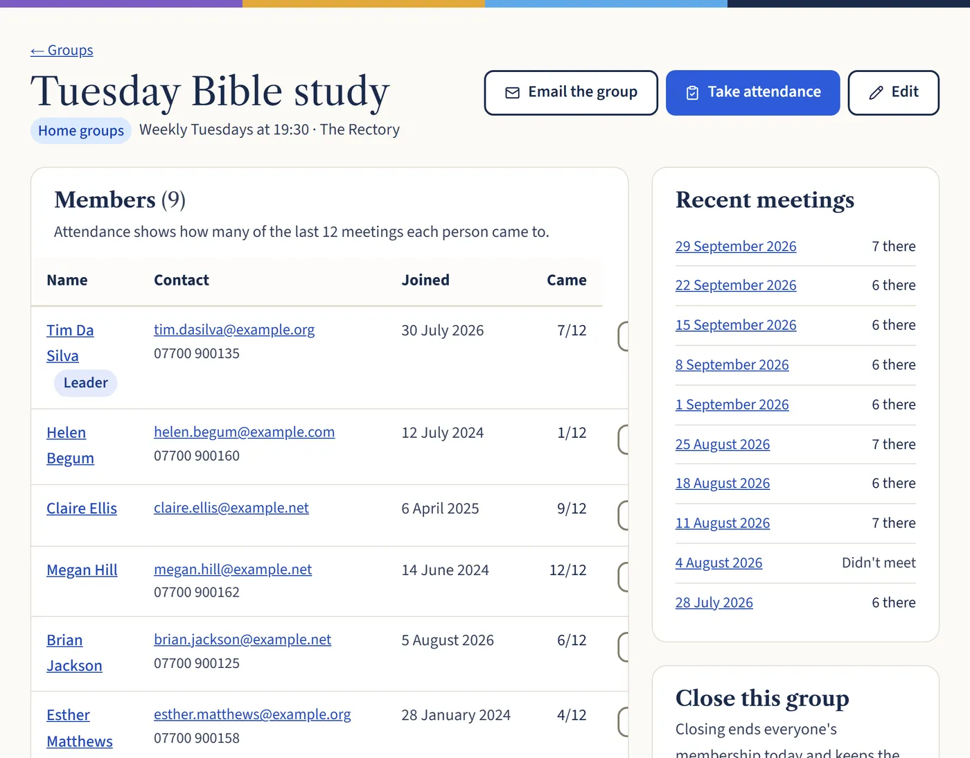 The Tuesday Bible study group page, listing nine members with a Leader label, their contact details and attendance, beside a list of recent meetings.