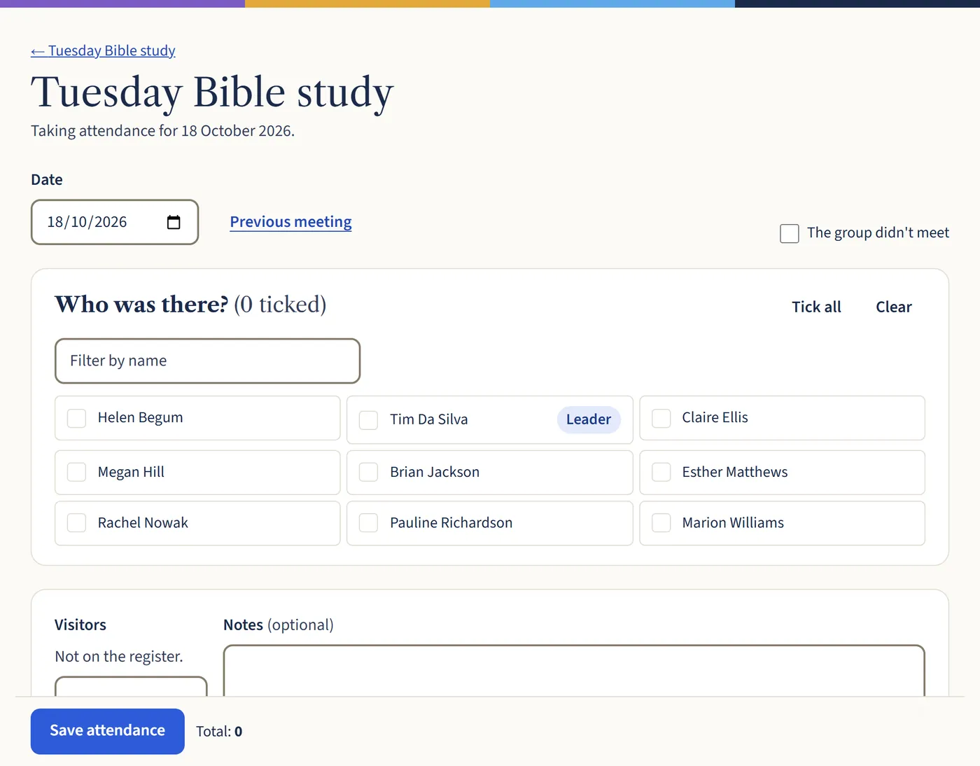 The register for the Tuesday Bible study, with a box to tick for each member, Tick all and Clear buttons, a visitors box and a Save attendance button.
