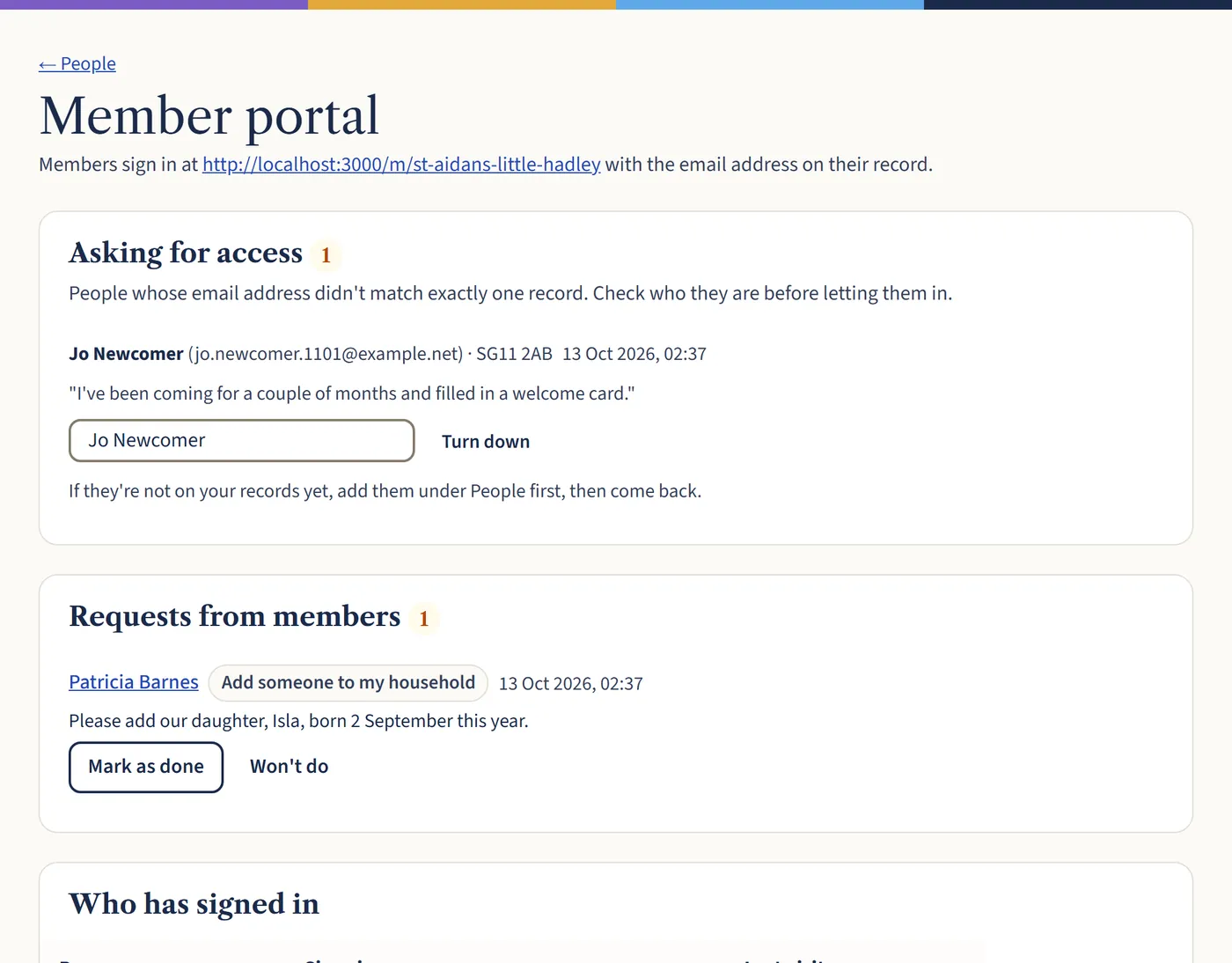 The Member portal page, with one person asking for access and the message they wrote, and one request from a member to add someone to their household.