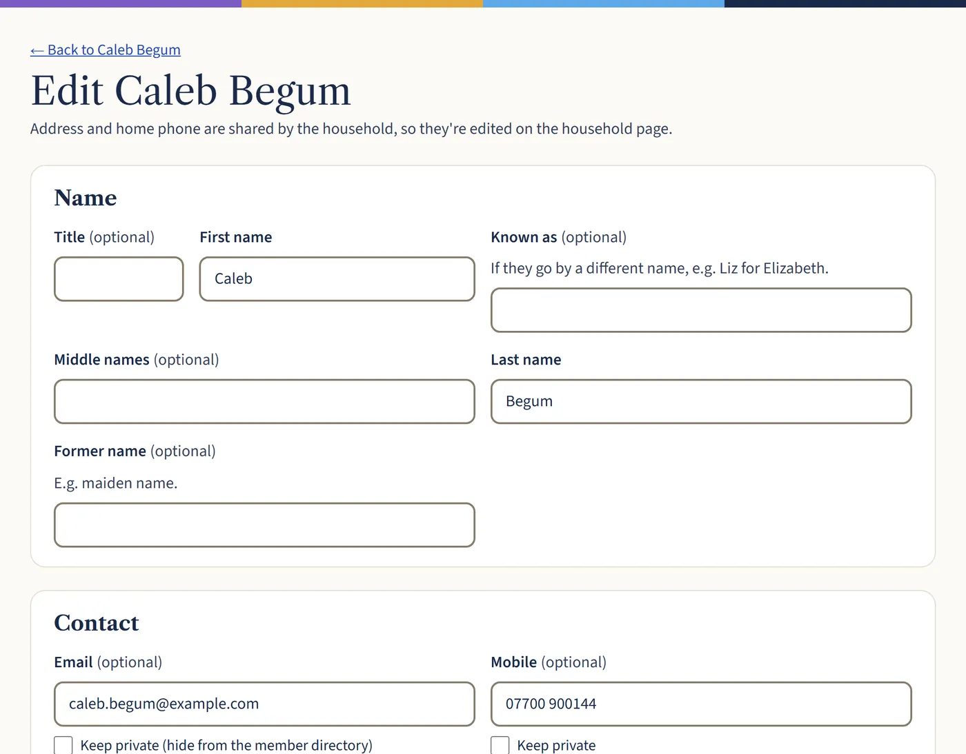 The Edit page for Caleb Begum, with boxes for title, first name, known as, middle names, last name and former name, and contact details below.
