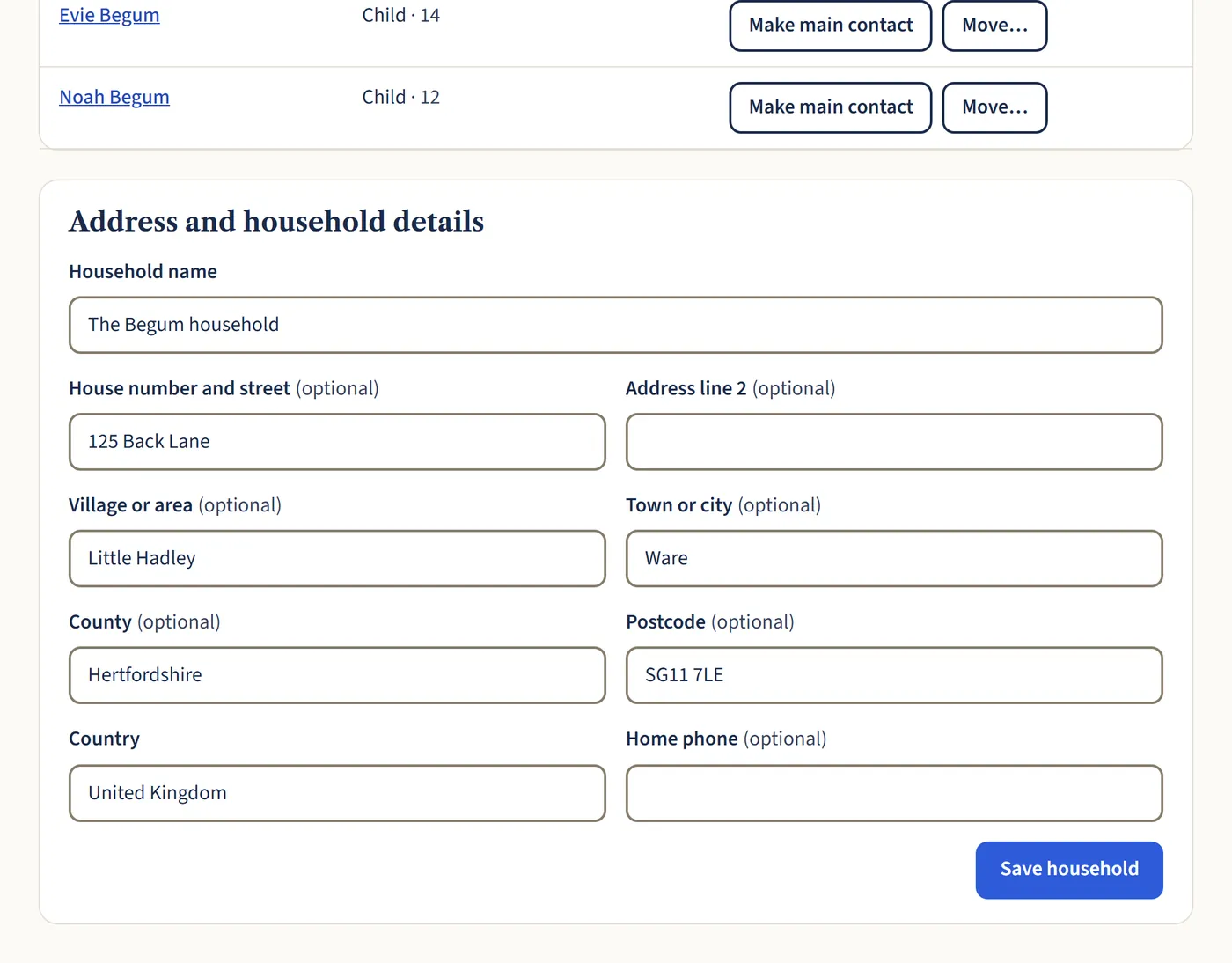 The Address and household details form, with boxes for household name, street, village, town, county, postcode, country and home phone, and a Save household button.