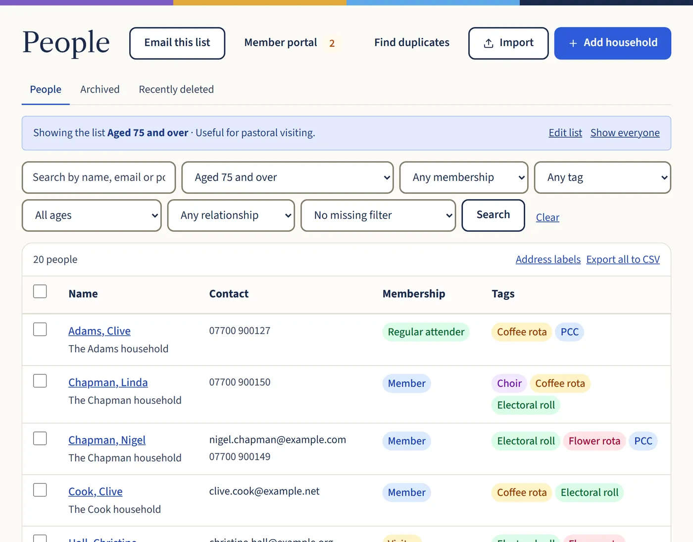 The People page showing the list Aged 75 and over, with 20 people, and Email this list, Address labels and Export all to CSV links.