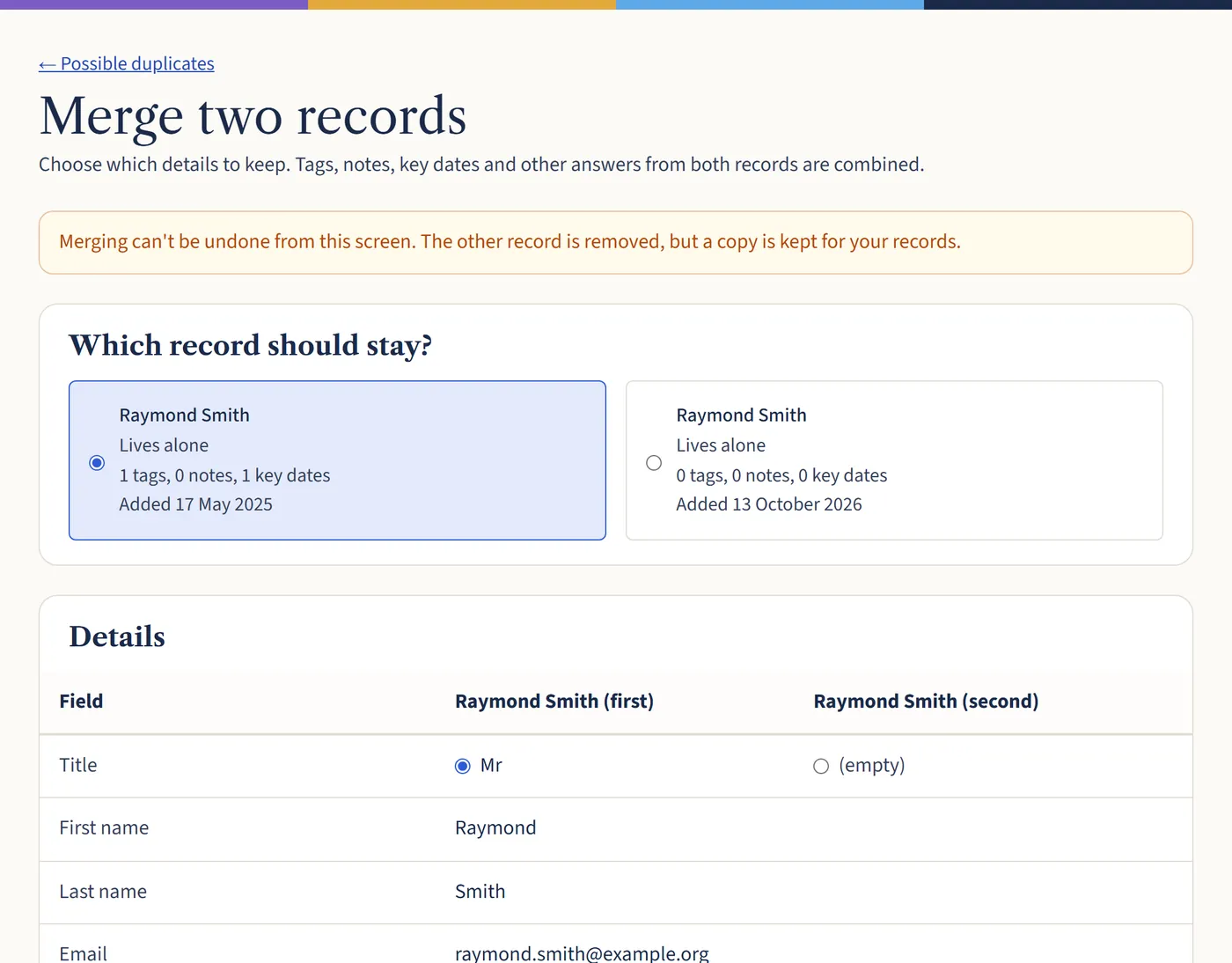 The Merge two records page, asking which record should stay and listing each detail side by side, such as title, first name and email.