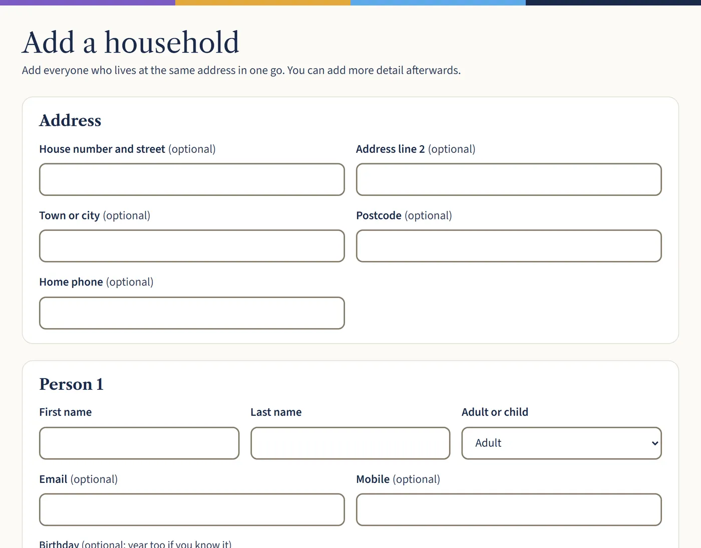 The Add a household page, with an address section and a Person 1 section asking for first name, last name, adult or child, email, mobile and birthday.