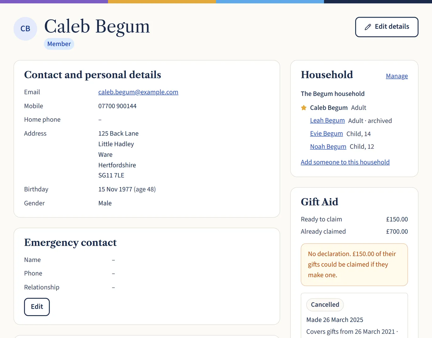 Caleb Begum’s record, with contact details on the left and a Household box on the right listing four people and a link to add someone to the household.
