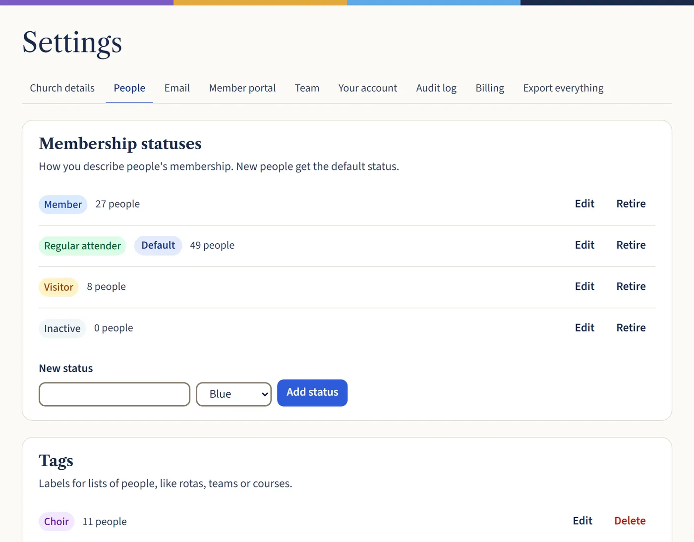 The People tab in Settings, showing membership statuses such as Member, Regular attender, Visitor and Inactive, each with the number of people, and a box to add a new status.